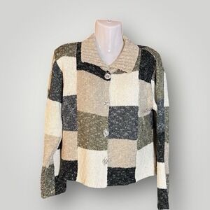 Cardigan Sweater Womens M Button Patchwork Comfy Classic Neutral Vtg Soft Preppy